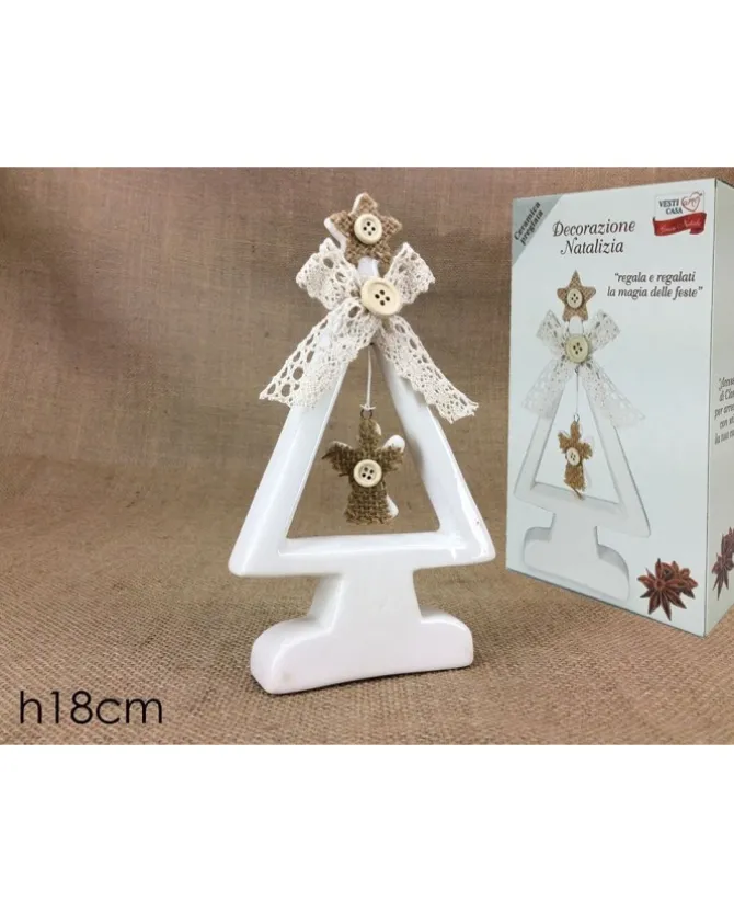 Addobbo Albero Di Natale Bianco Con Bottone E Juta 18Cm
