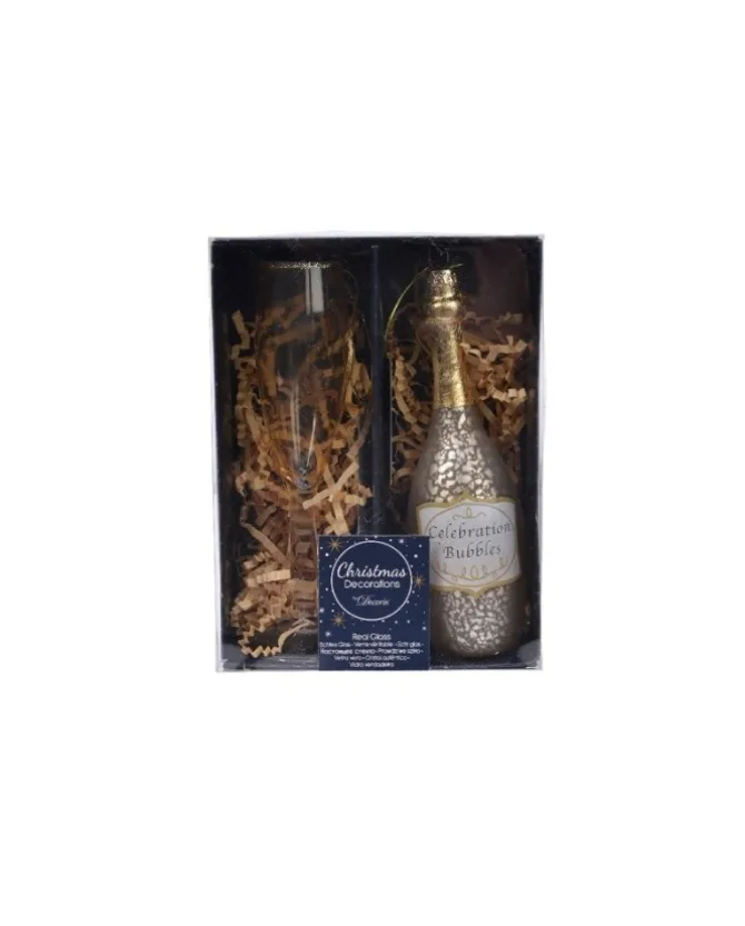 Addobbo Appendino Di Vetro Bottiglia Champagne E Calice Per Albero Di Natale