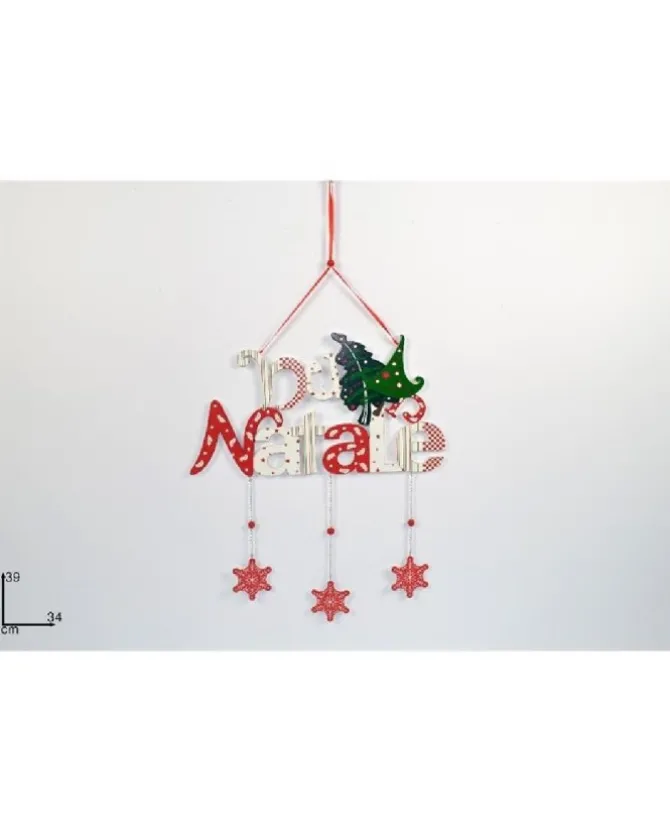 Addobbo Appendino Fuoriporta Scritta Buon Natale In Legno Con Pendenti 39X34 Cm