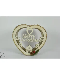Addobbo Cuore Di Legno Portacandela Natalizio Merry Christimas 32X9X35 Cm