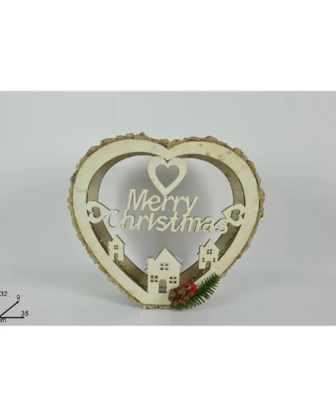 Addobbo Cuore Di Legno Portacandela Natalizio Merry Christimas 32X9X35 Cm