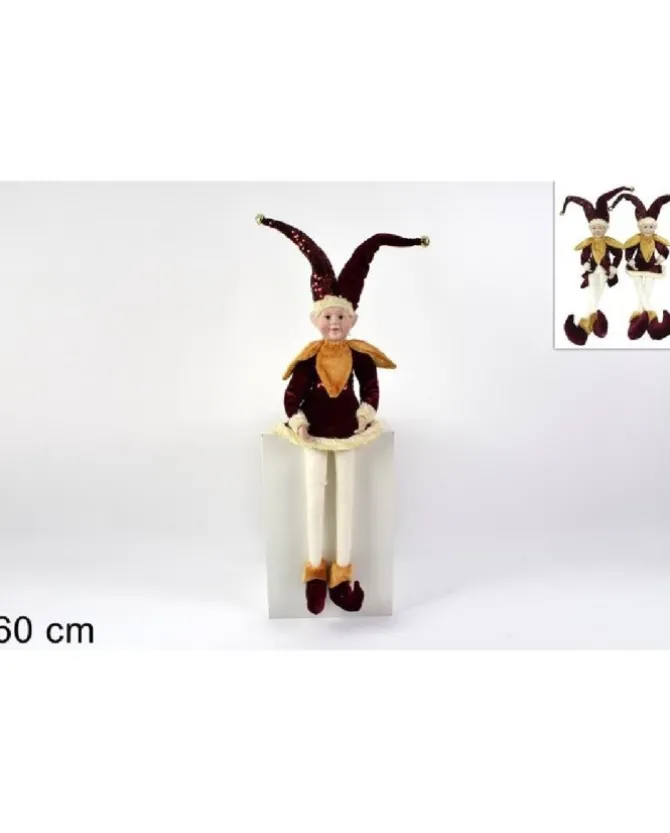 Addobbo Di Natale Giullare Seduto Con Abiti In Velluto Bordeaux