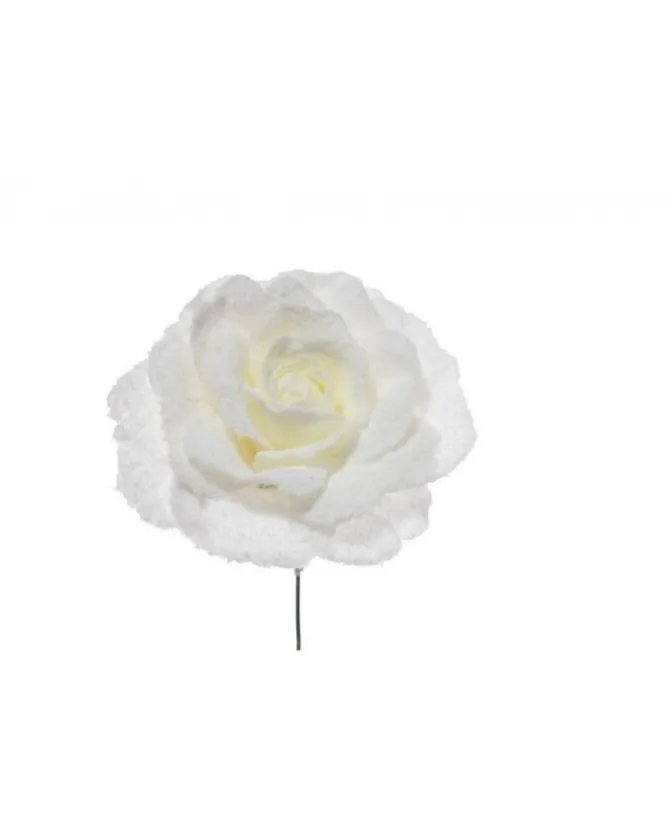 Addobbo Fiori Pick Rosa Innevata Bianco 17Cm