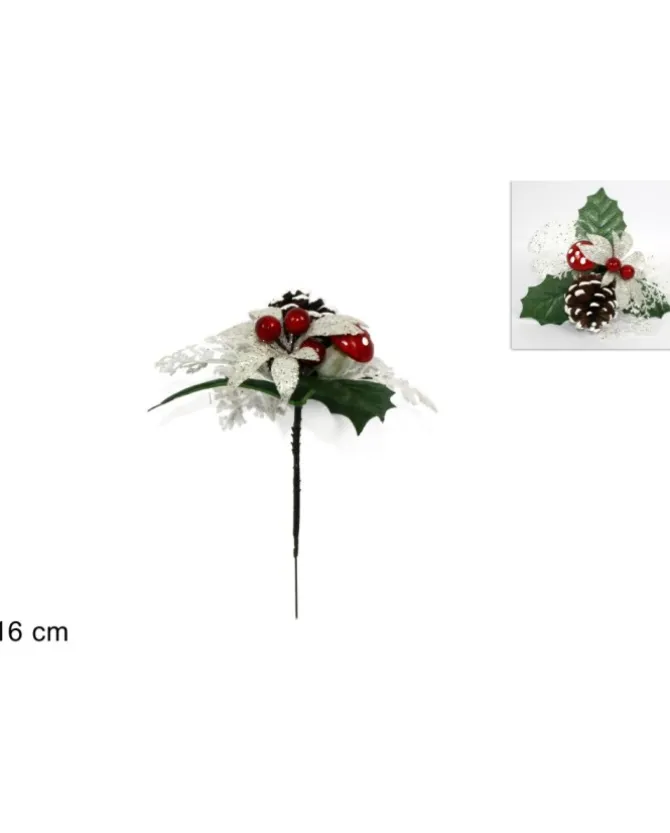 Addobbo Spillone Foglie Con Bacche E Pigne 16 Cm