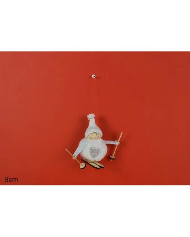 Addobo Appendino Bambola Bianca Con Pelliccia Su Sci Per Albero Di Natale 9 Cm