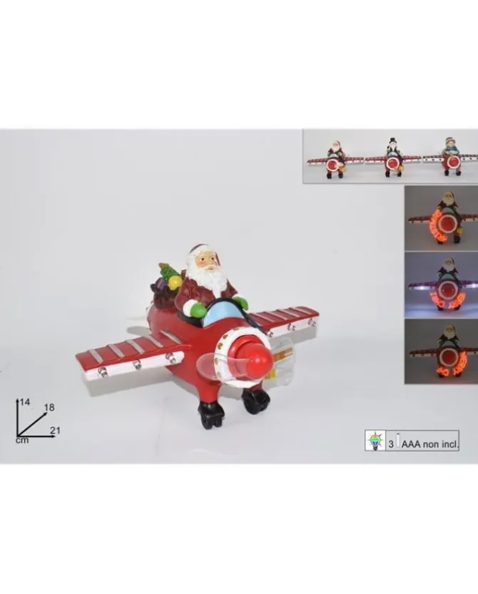 Aereo Con Babbo Natale In Resina Con Led E Scritta Olografica.