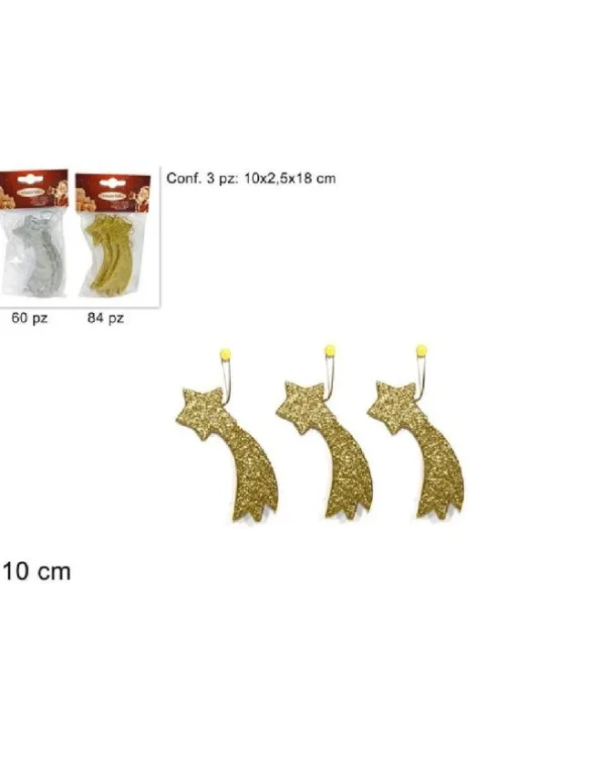 Appendino Addobbo Stella Cometa Dorata 10Cm 3 Pz Per Albero Di Natale E Presepe