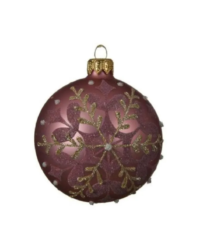 Confezione 6 Palline In Vetro Decorao Fiocco Di Neve Rosa Velluto