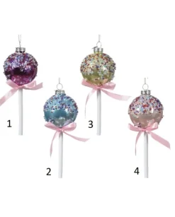 Decoro Lecca Lecca In Vetro Lucido Smalto C Granelli, Perline, Fiocco 4 Varianti