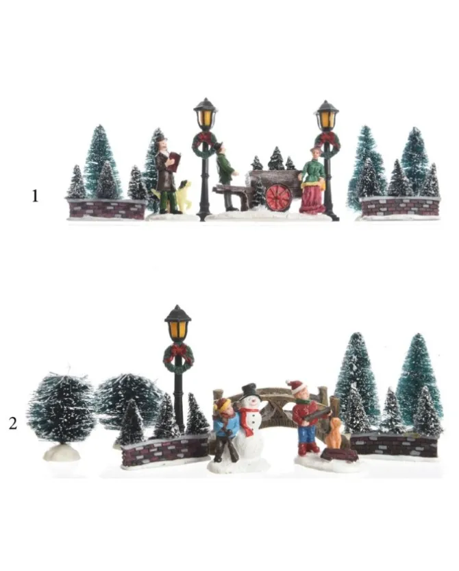 Figurine Poliresina Per Villaggio, Giostrina, Paesaggio Invernale Indoor 2Ass