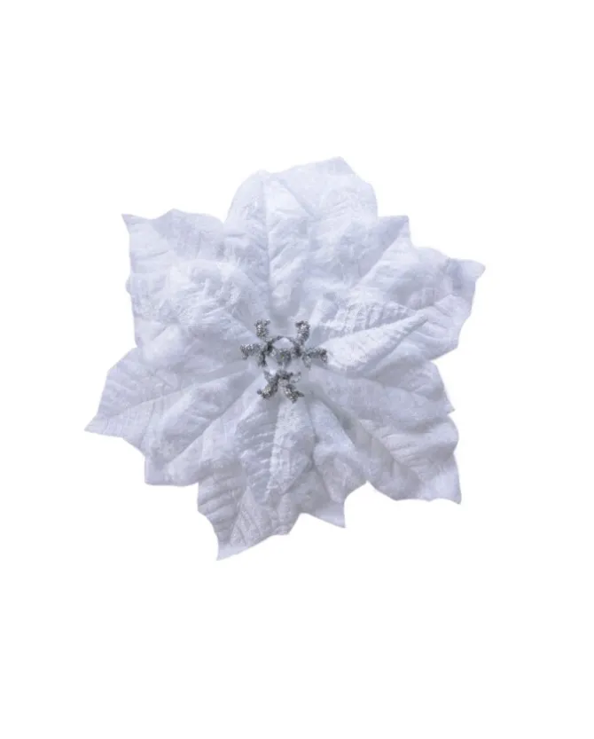 Fiore Poincettia Bianca Vellutata 16 Cm Su Clip Con Glitter