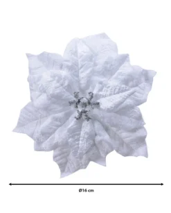 Fiore Poincettia Bianca Vellutata 16 Cm Su Clip Con Glitter