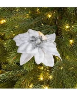 Fiore Poincettia Bianca Vellutata 16 Cm Su Clip Con Glitter