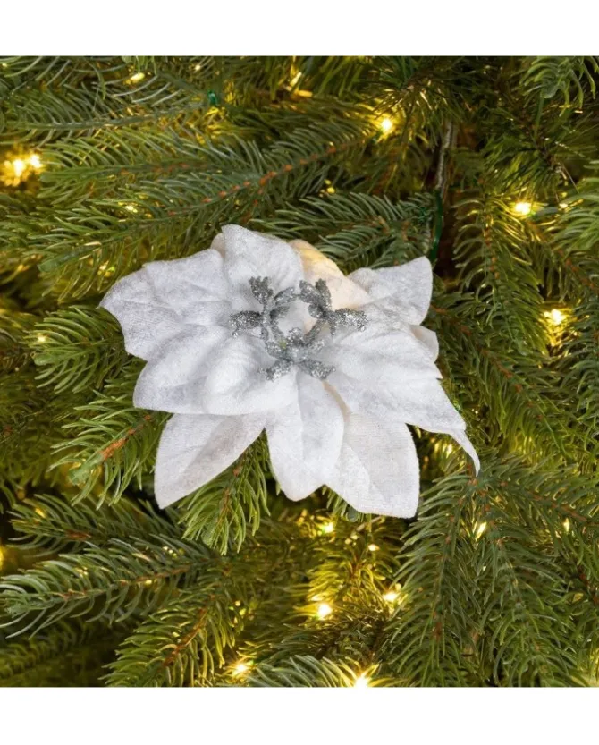 Fiore Poincettia Bianca Vellutata 16 Cm Su Clip Con Glitter