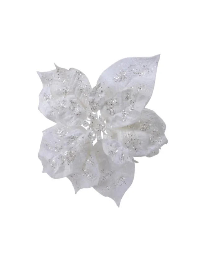 Fiore Poinsettia Bianca Su Clip Poliestere Glitter