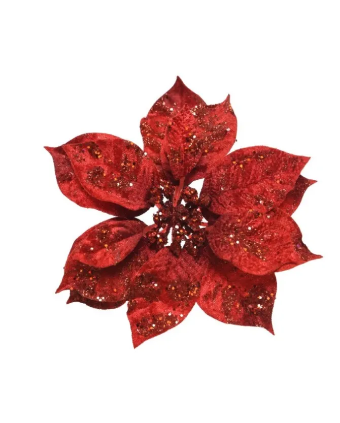 Fiore Poinsettia Rossa Su Clip Poliestere Glitter