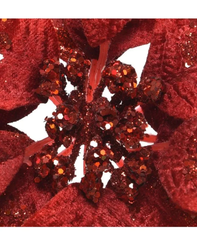 Fiore Poinsettia Rossa Su Clip Poliestere Glitter