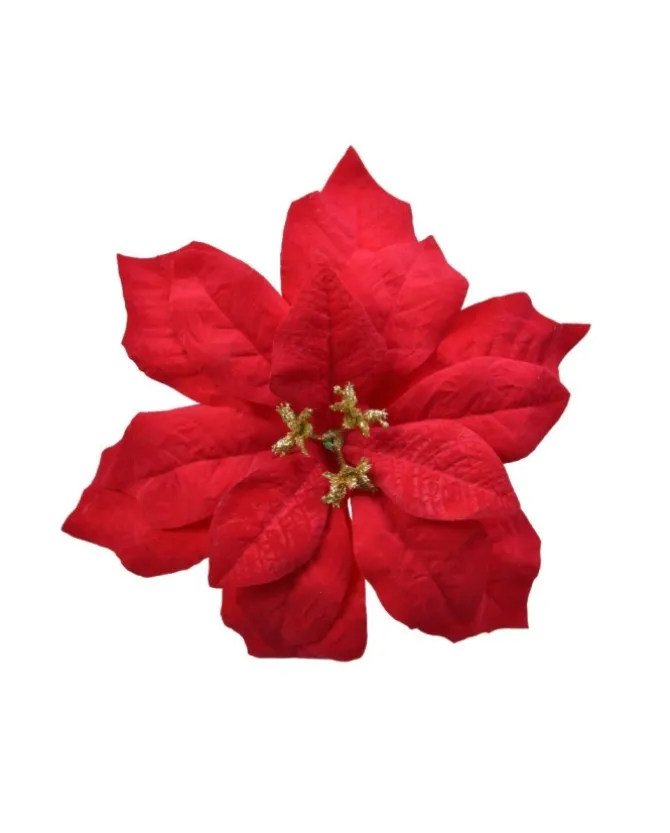 Fiore Poinsettia Rossa Vellutata 16 Cm Con Glitter Oro Per Addobbi Natalizi