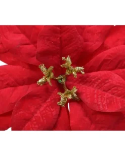 Fiore Poinsettia Rossa Vellutata 16 Cm Con Glitter Oro Per Addobbi Natalizi