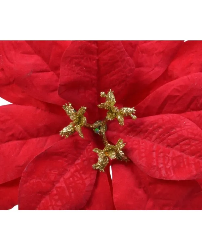 Fiore Poinsettia Rossa Vellutata 16 Cm Con Glitter Oro Per Addobbi Natalizi