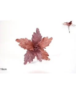 Fiore Rosa Antico Velluto Con Foglie Glitterate Con Pinzetta 19 Cm