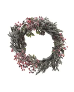 Ghirlanda Di Pino Innevata Con Bacche Rosse 40 Cm