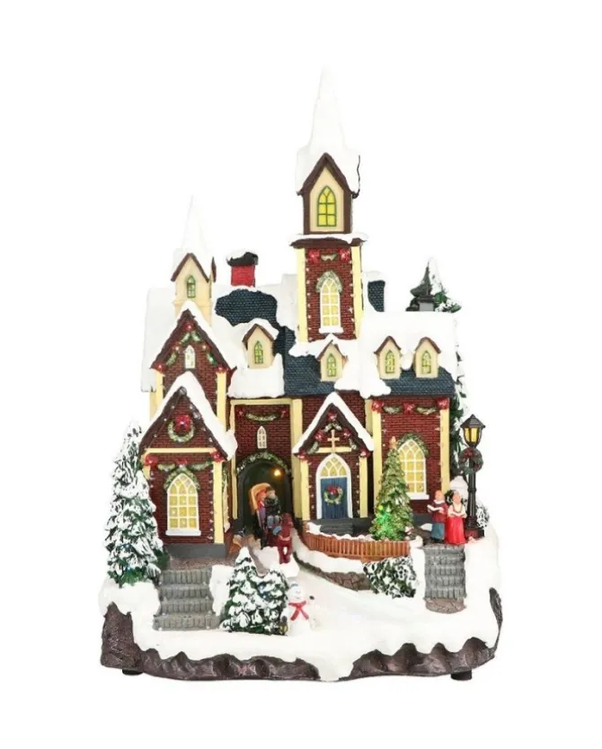 Giostrina Di Natale Chiesa Del Villaggio Con Luci 30X26X45 Cm