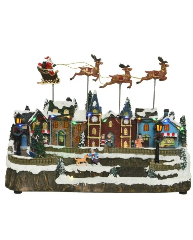 Giostrina Villaggio Di Natale Con Slitta E Renne Volanti Luci E Movimenti