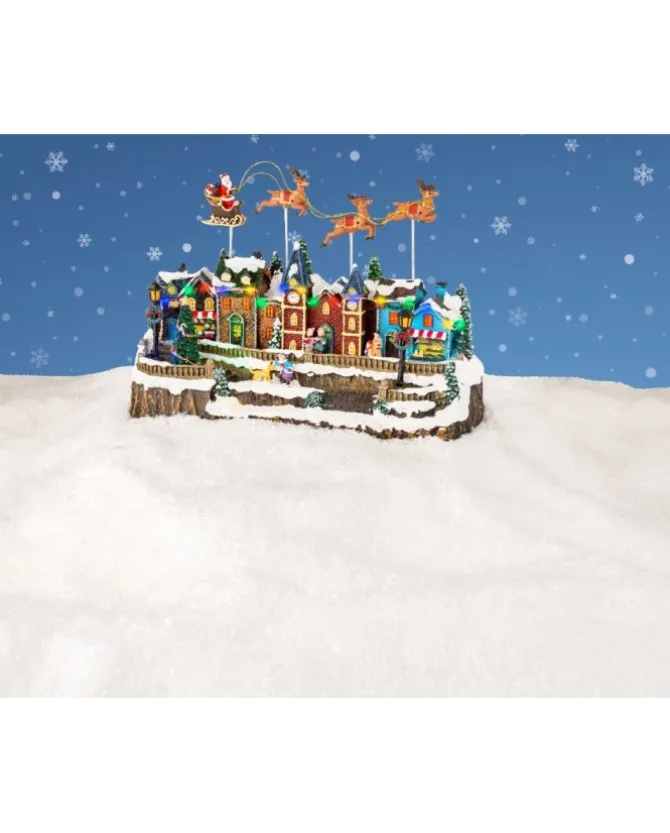 Giostrina Villaggio Di Natale Con Slitta E Renne Volanti Luci E Movimenti