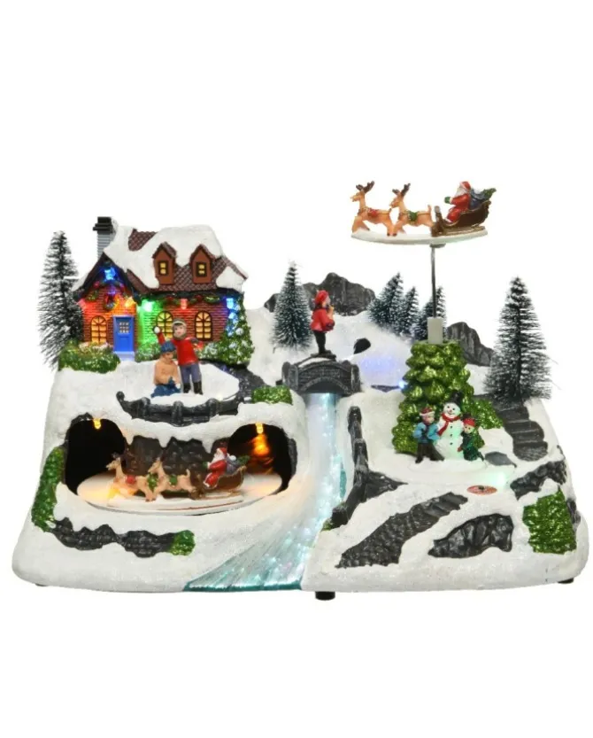 Giostrina Villaggio Natalizio Con Treno - Slitta In Movimento E Cascata Led