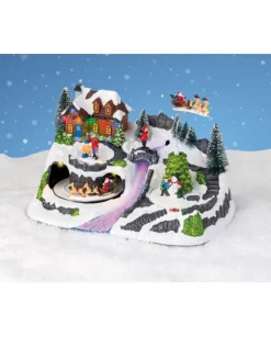 Giostrina Villaggio Natalizio Con Treno - Slitta In Movimento E Cascata Led