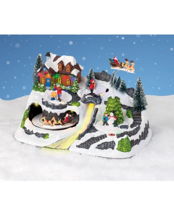 Giostrina Villaggio Natalizio Con Treno - Slitta In Movimento E Cascata Led