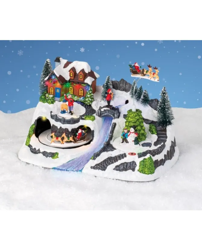 Giostrina Villaggio Natalizio Con Treno - Slitta In Movimento E Cascata Led