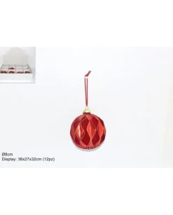 Pallina Rossa In Vetro E Velluto Con Glitter Oro Con Rombi Dia 8 Cm Cf 12Pz