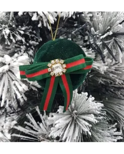 Pallina Sfera 8Cm In Velluto Verde Con Nastro Per Albero Di Natale