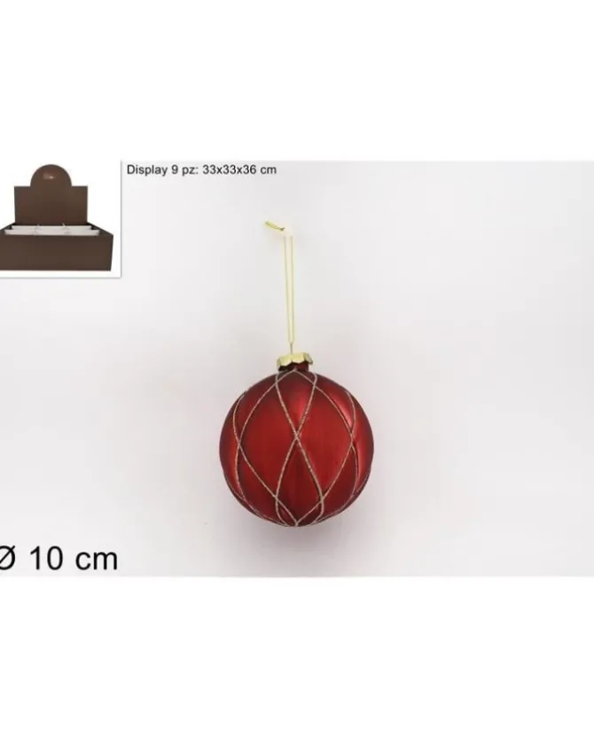 Pallina Sfera Di Vetro 10Cm Rombi Rossa Per Albero Di Natale 1Pz