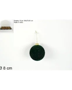 Pallina Sfera Di Vetro Con Velluto Verde 80Mm 12Pz Per Albero Di Natale
