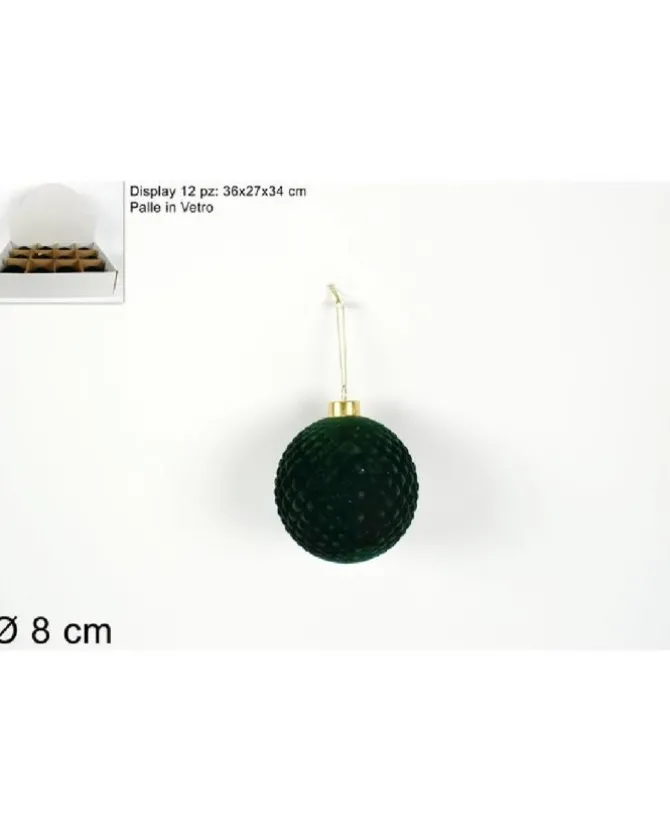 Pallina Sfera Di Vetro Con Velluto Verde 80Mm 12Pz Per Albero Di Natale