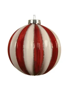 Pallina Sfera Di Vetro Decorata Rossa E Bianca 80Mm 3Pz Per Albero Di Natale