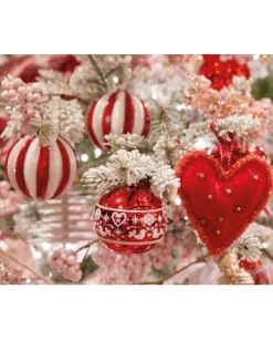 Pallina Sfera Di Vetro Decorata Rossa E Bianca 80Mm 3Pz Per Albero Di Natale
