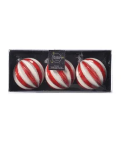 Pallina Sfera Di Vetro Decorata Rossa E Bianca 80Mm 3Pz Per Albero Di Natale