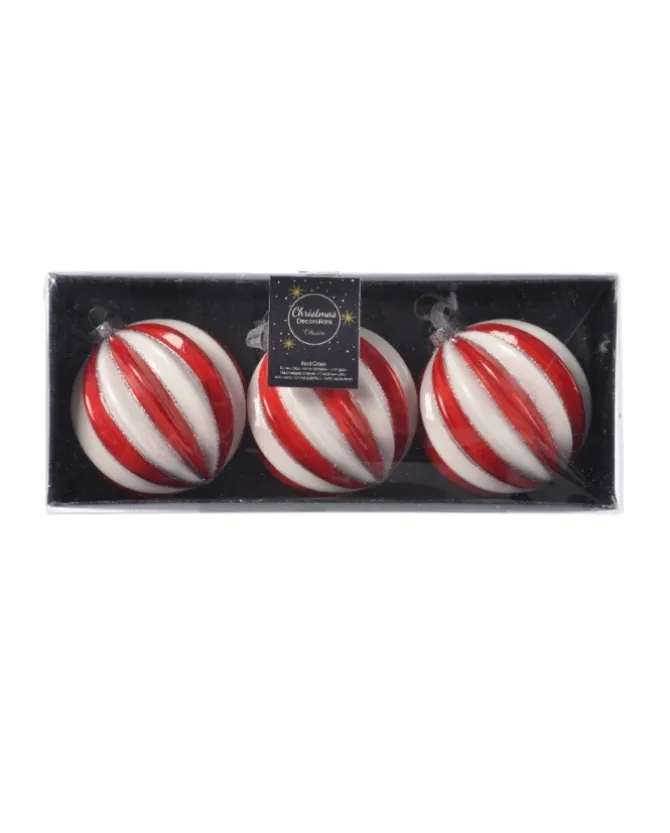 Pallina Sfera Di Vetro Decorata Rossa E Bianca 80Mm 3Pz Per Albero Di Natale