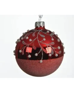 Pallina Sfera Di Vetro Decorata A Mano Rossa 80Mm 6Pz Per Albero Di Natale