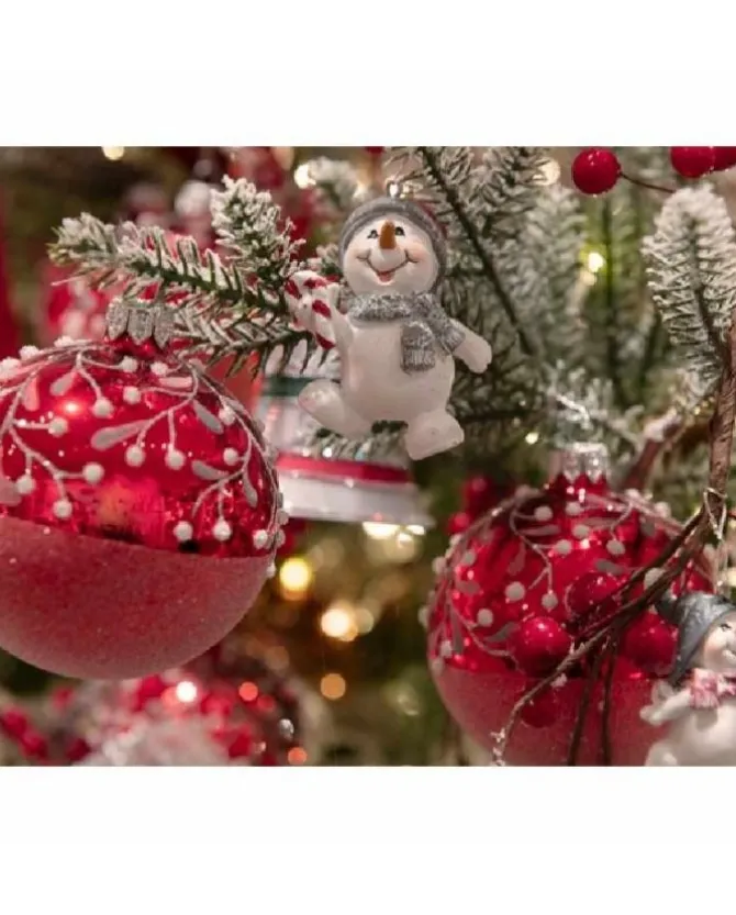 Pallina Sfera Di Vetro Decorata A Mano Rossa 80Mm 6Pz Per Albero Di Natale