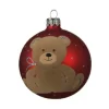 Pallina Sfera Di Vetro Decorata Rossa Con Orsacchiotto 80Mm 6Pz Per Albero