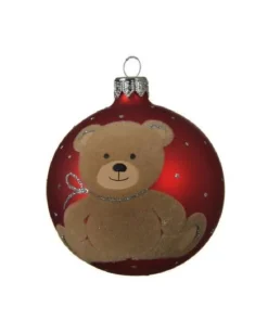 Pallina Sfera Di Vetro Decorata Rossa Con Orsacchiotto 80Mm 6Pz Per Albero