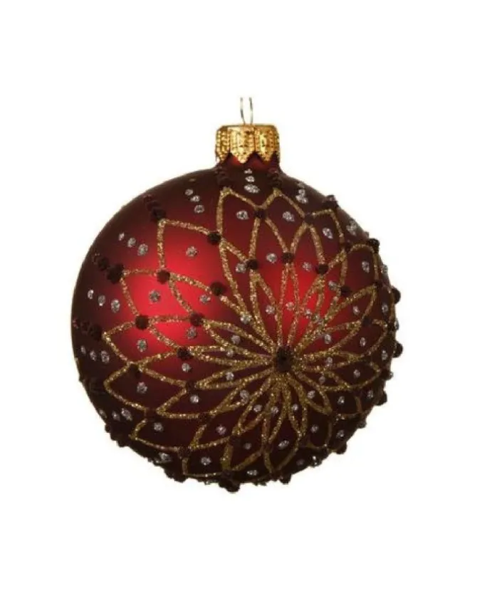 Pallina Sfera Di Vetro Decorata A Mano Rossa 80Mm 6Pz Per Albero Di Natale