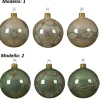 Pallina Sfera Di Vetro Decorata Verde E Crema 80Mm 6Pz Per Albero Di Natale