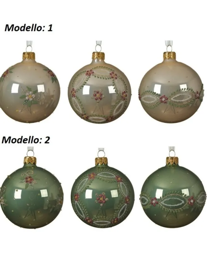 Pallina Sfera Di Vetro Decorata Verde E Crema 80Mm 6Pz Per Albero Di Natale