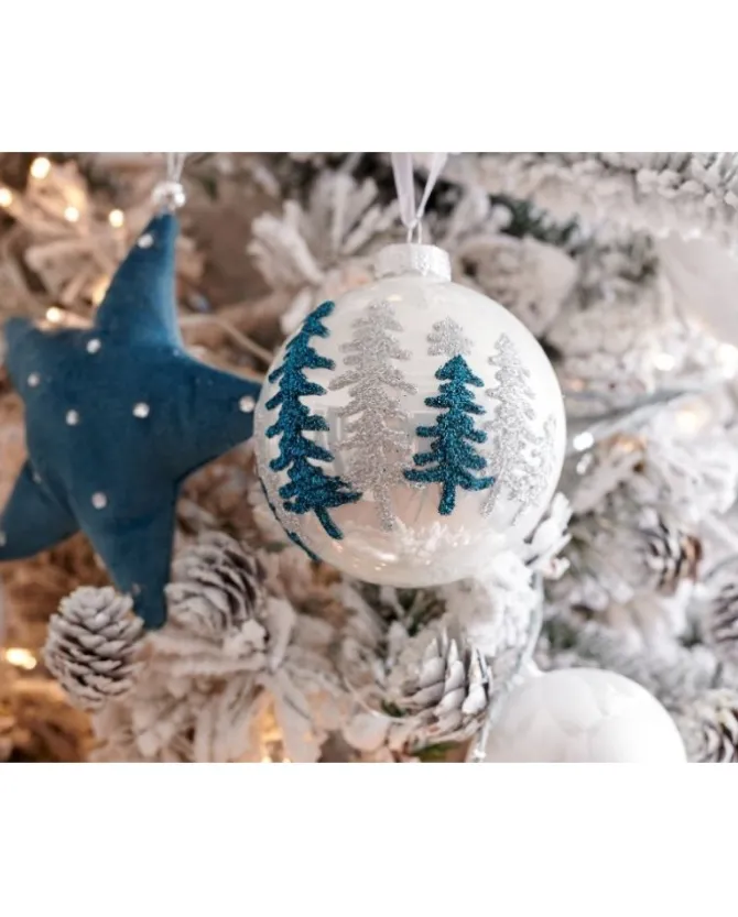 Pallina Sfera Di Vetro Decorata Bianco - Argento 80Mm 3Pz